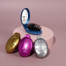 Massage foldable comb with mirror, oval, MIX color