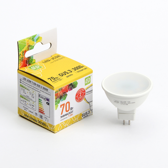 Лампа светодиодная ASD LED-JCDR-standard, GU5.3, 7.5 Вт, 230 В, 3000 К, 675 Лм