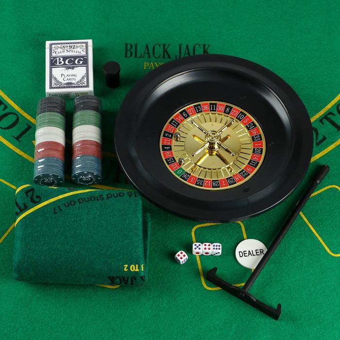 Набор для игры в покер (рулетка, карты 54 шт, фишки с номиналом 100 шт, кубики 4 шт, поле) - фото 694118