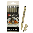 Ручка капиллярная, набор Sakura Pigma Micron Manga, разные типы, 6 штук (0.1, 0.3, 0.5, B, PG, м/к 0.7) - фото 3737474