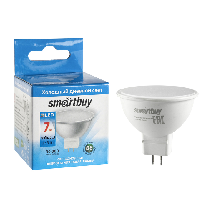 Лампа cветодиодная Smartbuy, GU5.3, 7 Вт, 6000 К, холодный белый свет