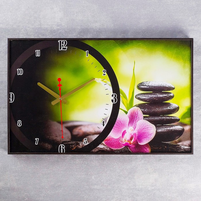Часы настенные, серия: Цветы "Розовый цветок на камнях",  микс, 57х35х4 см
