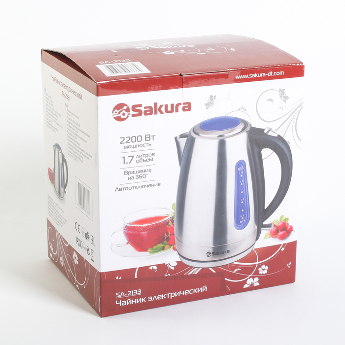 Чайник дисковый электрический Sakura SA-2133, 1,7 л, 2200Вт, нерж., матовый...