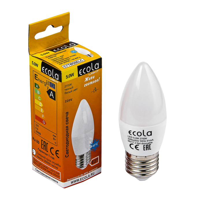 Лампа светодиодная Ecola Light, С37, E27, 5,0 Вт, 2700K, 220 В, свеча 100x37