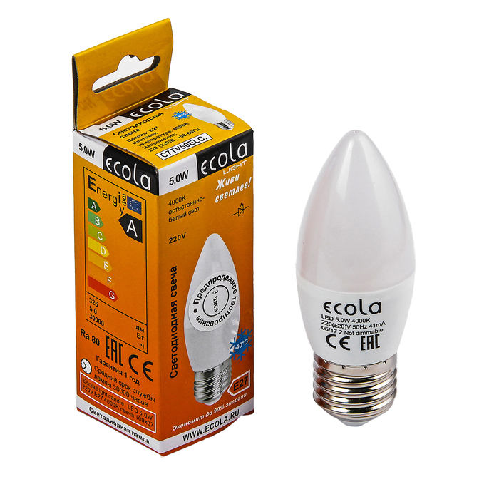 Лампа светодиодная Ecola Light, С37, E27, 5,0 Вт, 4000K, 220 В, свеча 100x37