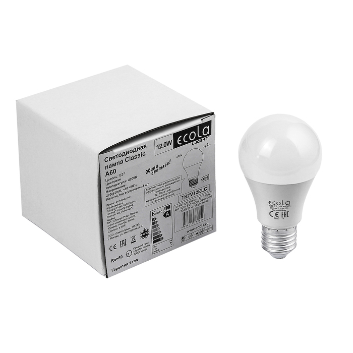 Лампа светодиодная Ecola Light, A60, E27, 12,0 Вт, 4000K, 220 В, 110x60