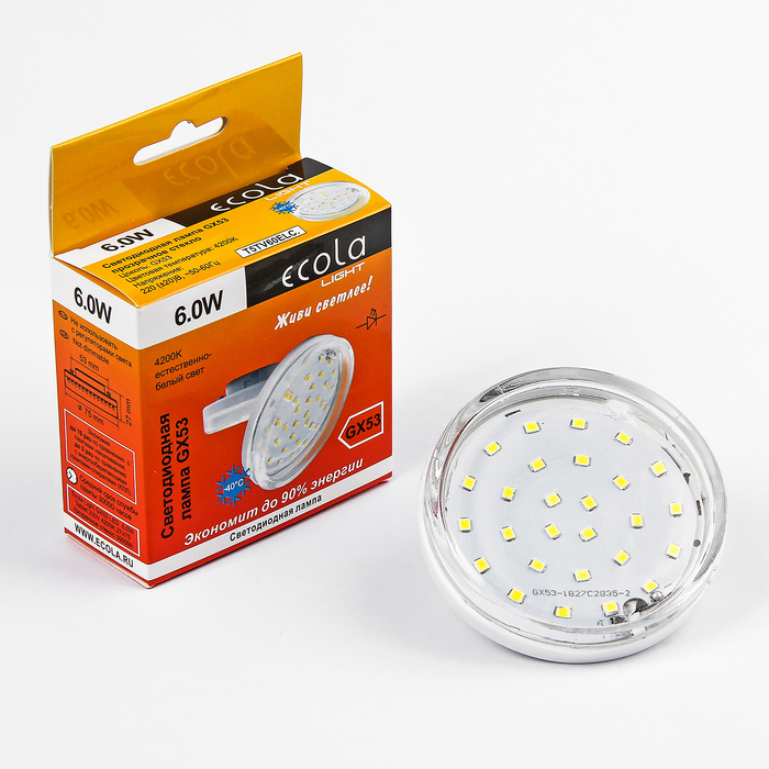 Лампа светодиодная Ecola Light, GX53, 6,0 Вт, 4200K, 220 В, прозрачное стекло, 27x75