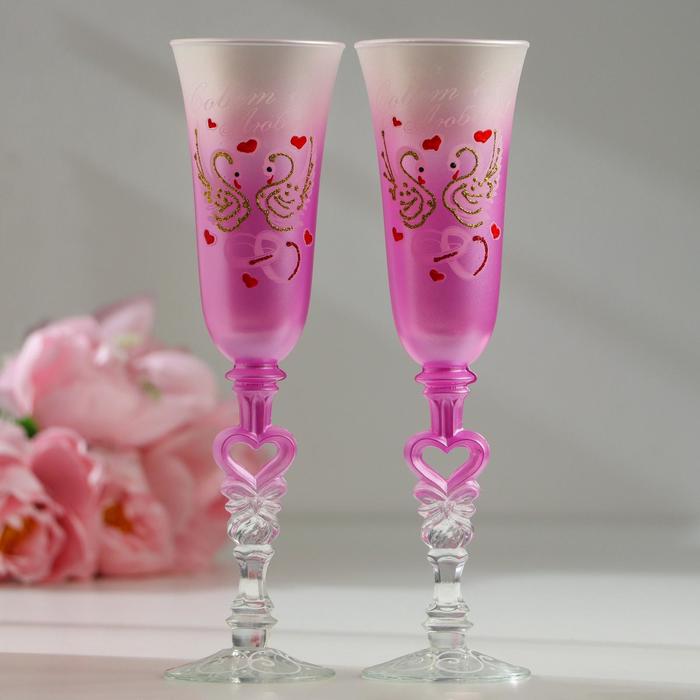 Набор свадебных бокалов «Совет для любовь», с сердцем на ножке, розовый - фото 1245414