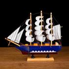 The ship gift mid - Board blue with white stripe, cabins, three masts, white sails with stripe