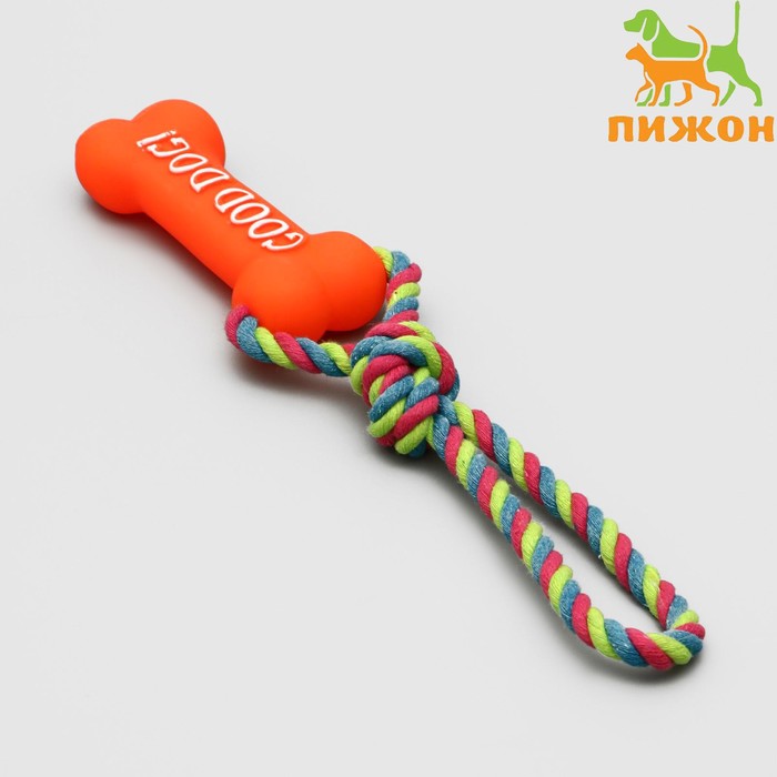 Игрушка резиновая "Кость" (14 см) с ручкой из каната для собак, до 37 см, микс цветов