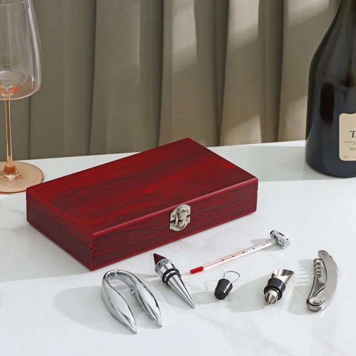Набор для вина, 5 предметов: штопор, нож для срезания фольги, пробка, каплеуловитель, термометр - фото 797912043