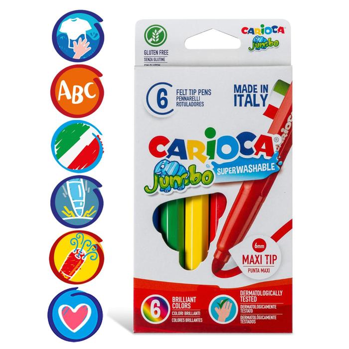 Фломастеры 6 цветов Carioca Maxi Jumbo, 6 мм, утолщенные, смываемые, картон, европодвес - фото 469965