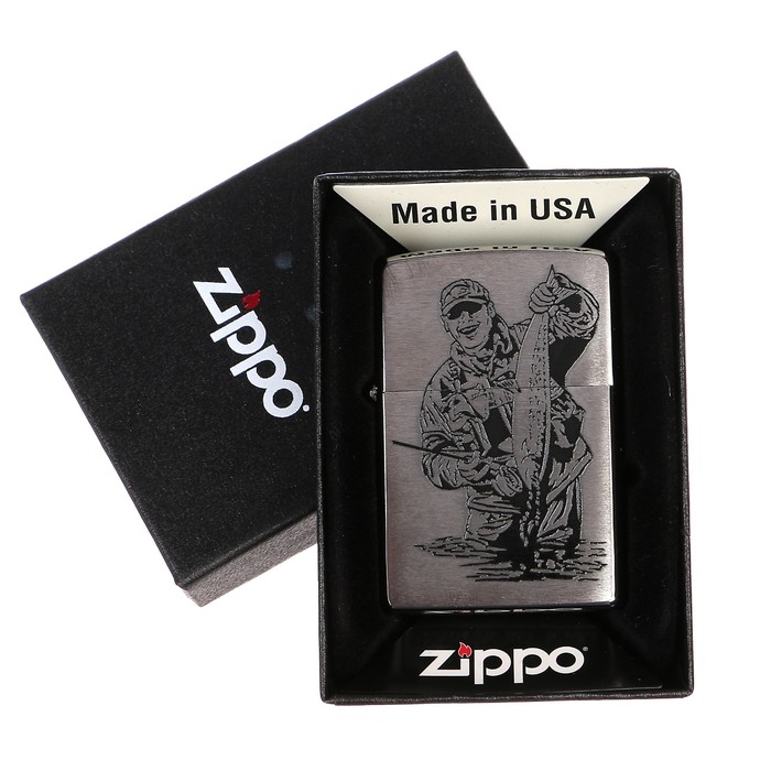 Зажигалка ZIPPO 200 Рыбак с покрытием Brushed Chrome