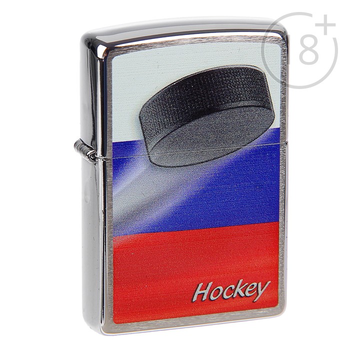 Зажигалка ZIPPO 200 RUSSIAN HOCKEY PUCK с покрытием Brushed Chrome