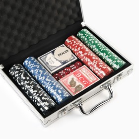 Poker in a metal case (cards 2 decks, 200 PCs chips, 5 dice), 20.5x29 cm. 
