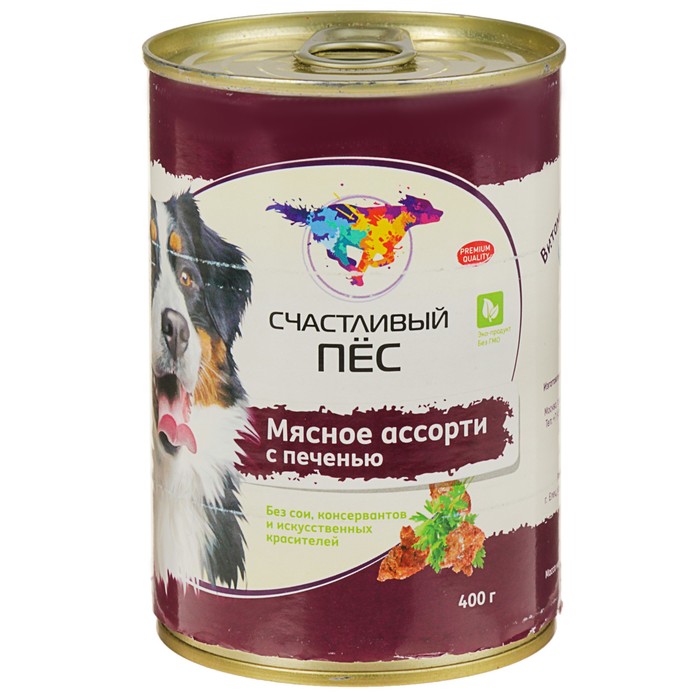 Влажный корм &quot;Счастливый пёс&quot; для собак, мясное ассорти с печенью , 400 г