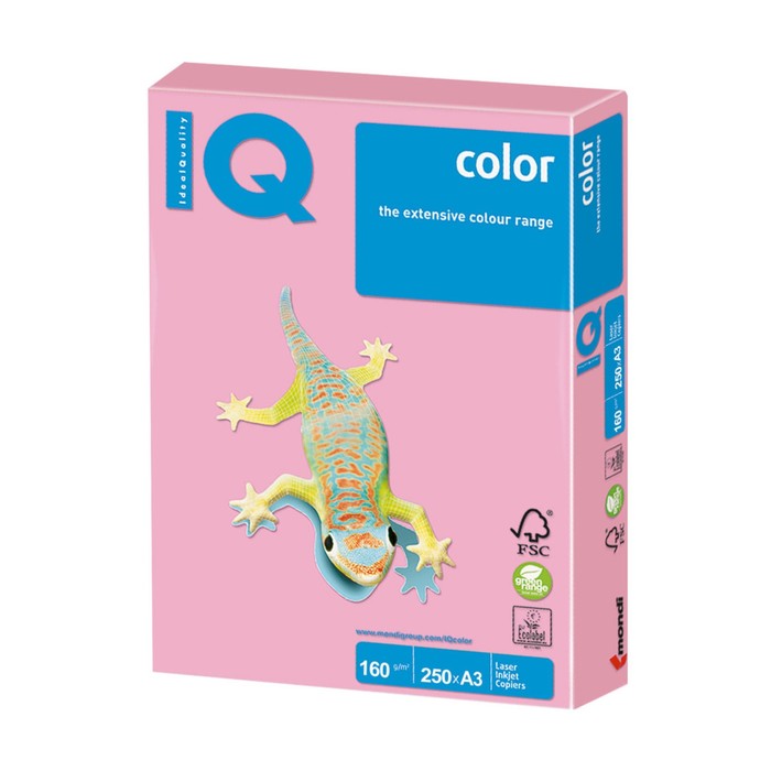 Бумага цветная А3, 250 листов IQ COLOR, 160г/м2, PI25-пастель розовая