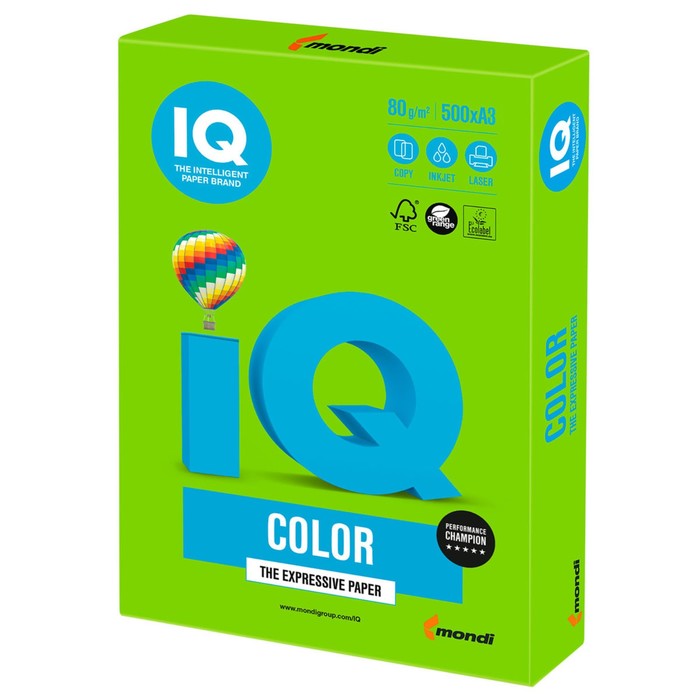 Бумага цветная А3, 500 листов IQ COLOR Intensive, 80г/м2, MA42-зелёная