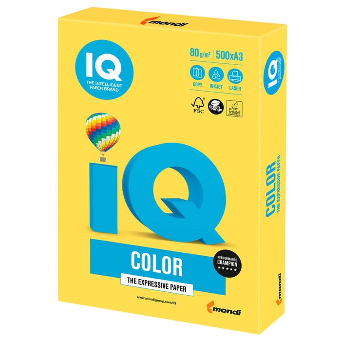 Бумага цветная А3, 500 листов IQ COLOR Intensive, 80г/м2, CY39-канареечно-жёлтая