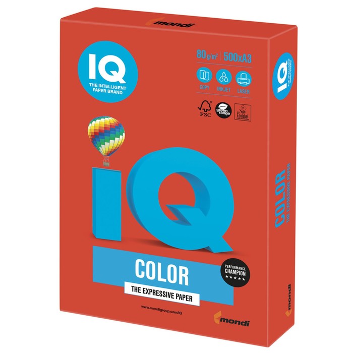 Бумага цветная А3, 500 листов IQ COLOR Intensive, 80г/м2, CO44-кораллово-красная