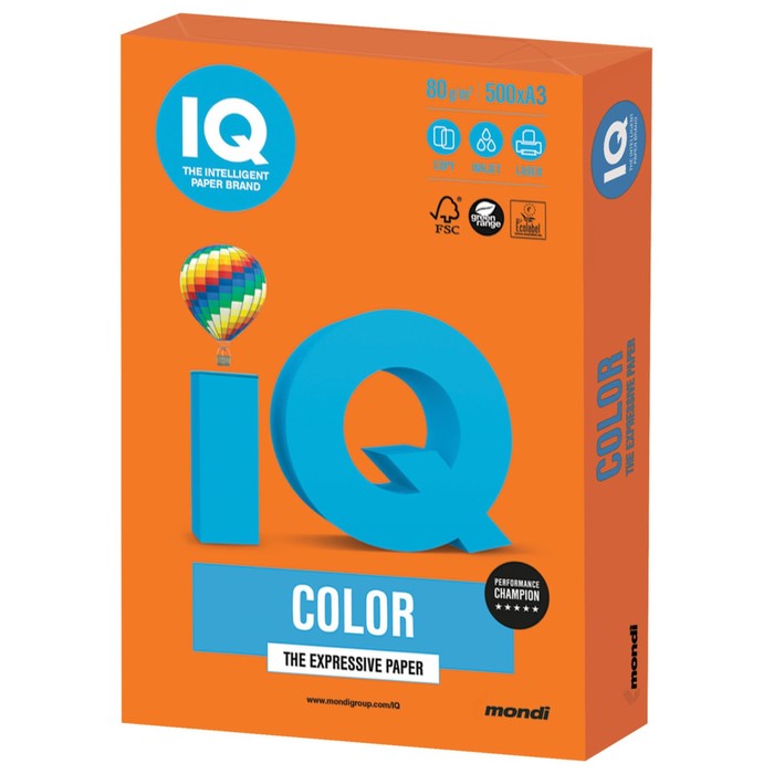 Бумага цветная А3, 500 листов IQ COLOR Intensive, 80г/м2, OR43-оранжевая