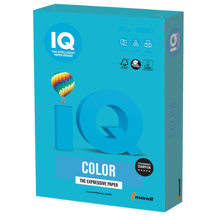 Бумага цветная А3, 500 листов IQ COLOR Intensive, 80г/м2, AB48-светло-синяя