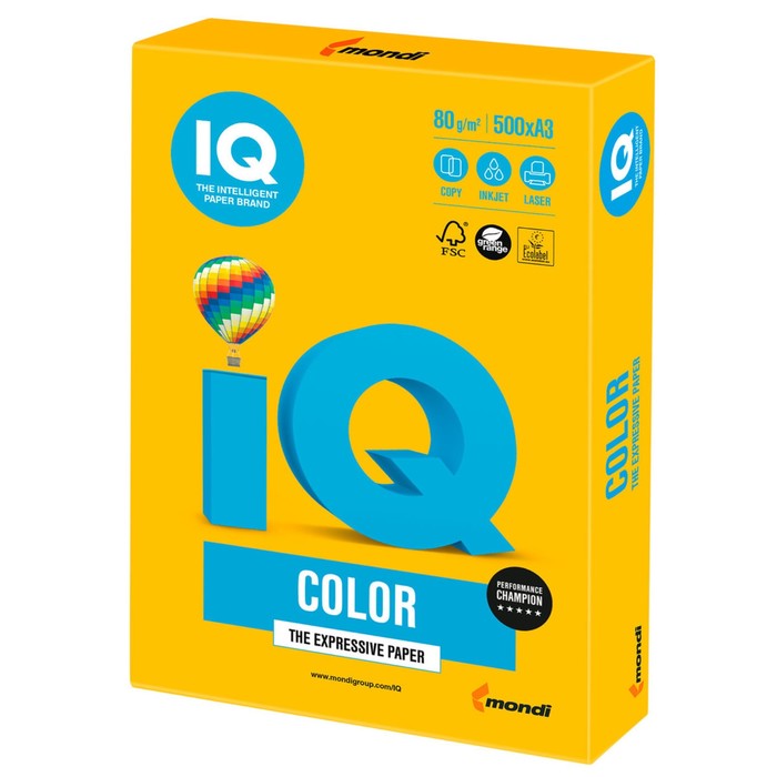 Бумага цветная А3, 500 листов IQ COLOR Intensive, 80г/м2, SY40-солнечно-жёлтая