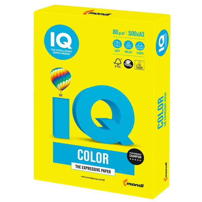 Бумага цветная А3, 500 листов IQ COLOR, 80г/м2, NEOGB-неоновая жёлтая