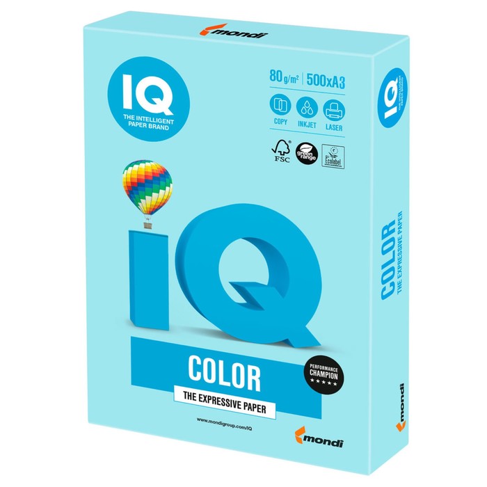 Бумага цветная А3, 500 листов IQ COLOR, 80г/м2, MB30-пастель голубая