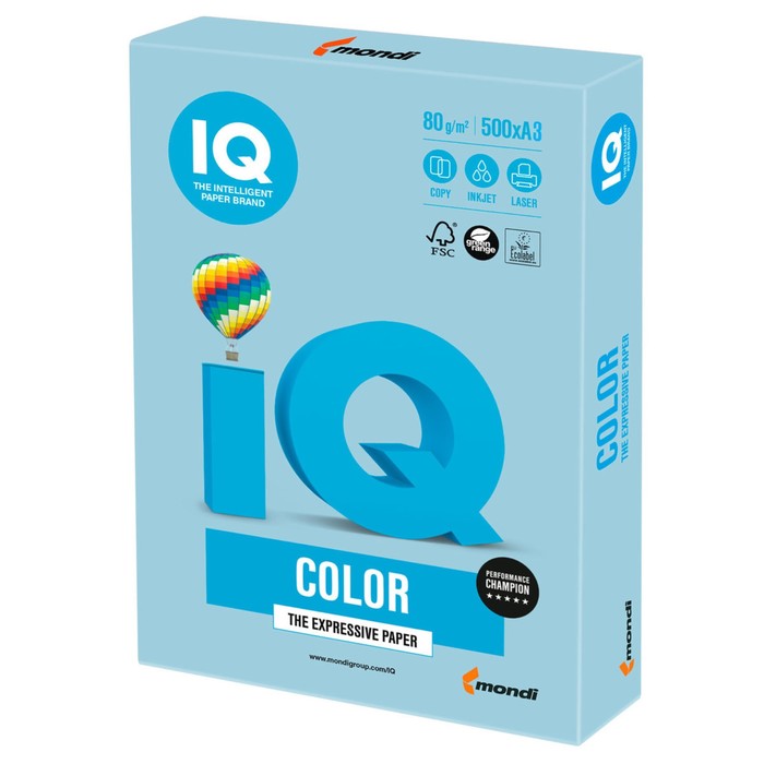 Бумага цветная А3, 500 листов IQ COLOR, 80г/м2, OBL70-пастель голубой лёд