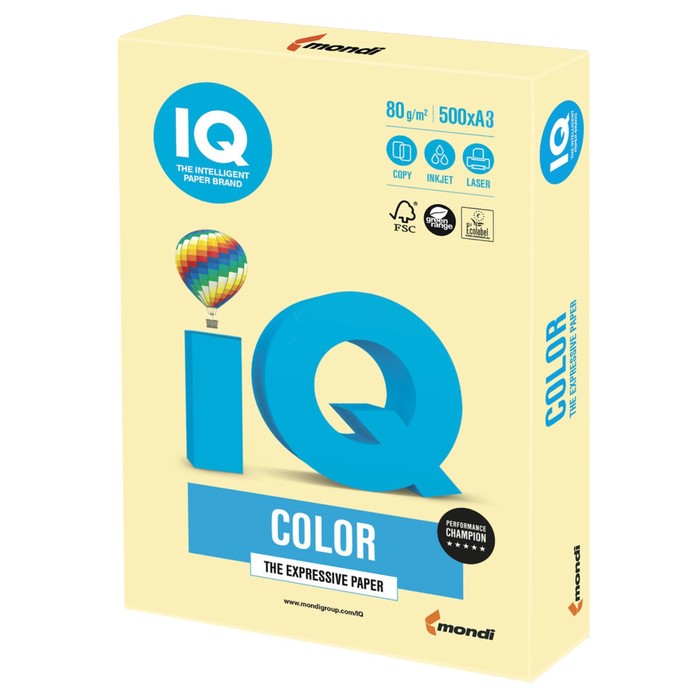 Бумага цветная А3, 500 листов IQ COLOR, 80г/м2, YE23-пастель жёлтая