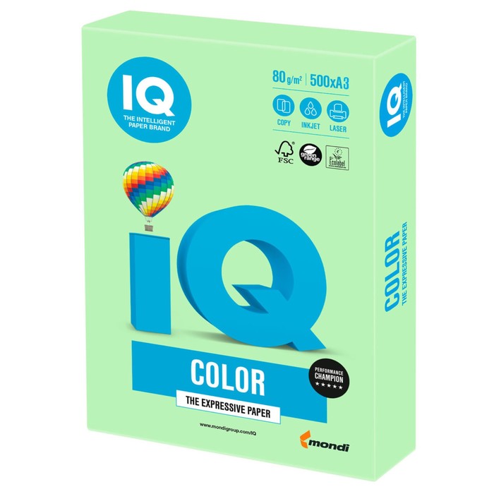 Бумага цветная А3, 500 листов IQ COLOR, 80г/м2, MG28-пастель зелёная