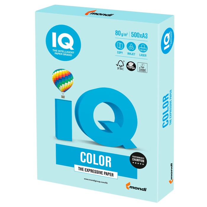 Бумага цветная А3, 500 листов IQ COLOR, 80г/м2, BL29-пастель светло-голубая