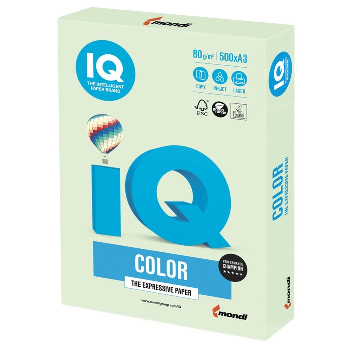 Бумага цветная А3, 500 листов IQ COLOR, 80г/м2, GN27-пастель светло-зелёная