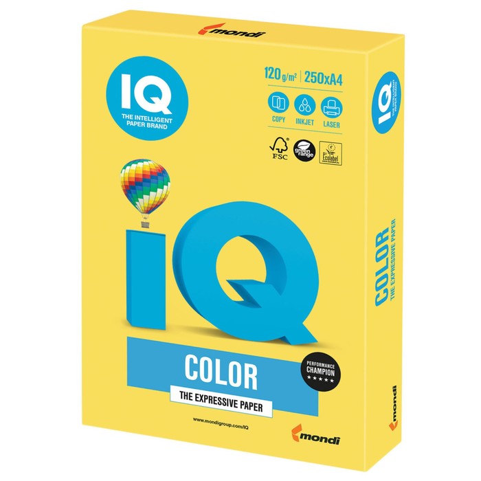 Бумага цветная А4, 250 листов IQ COLOR Intensive, 120г/м2, CY39-канареечно-жёлтая