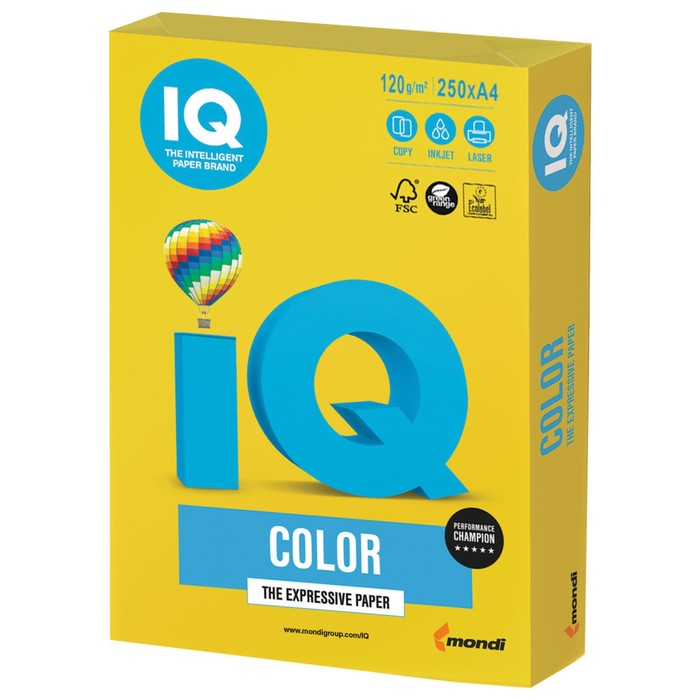 Бумага цветная А4, 250 листов IQ COLOR Intensive, 120г/м2, IG50-ярко-жёлтая