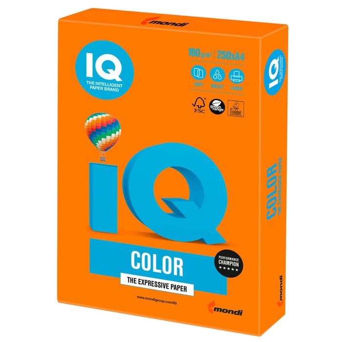 Бумага цветная А4, 250 листов IQ COLOR Intensive, 160г/м2, OR43-оранжевая