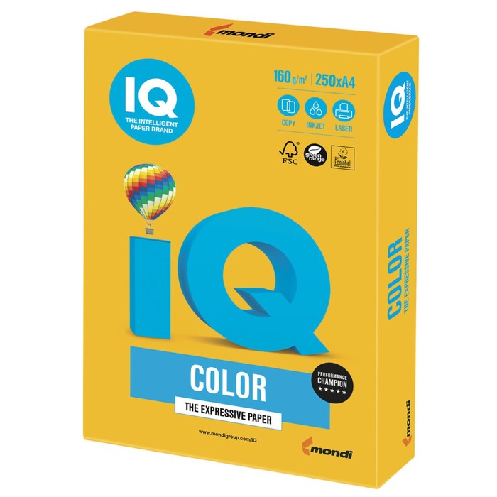 Бумага цветная А4, 250 листов IQ COLOR Intensive, 160г/м2, SY40-солнечно-жёлтая