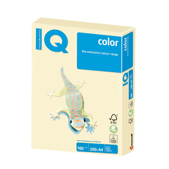 Бумага цветная А4, 250 листов IQ COLOR, 160г/м2, BE66-пастель ванильная