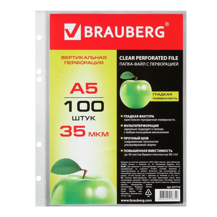 Папка-вкладыш с перфорацией BRAUBERG &quot;Яблоко&quot; А5, 35мкм, гладкие (100шт в упак.) 221714