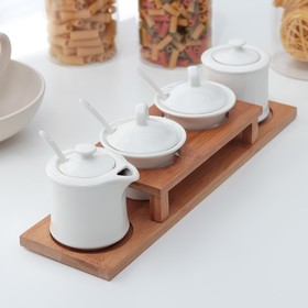 Set for spices and oils, 150/250 ml, Estet, on a wooden stand, 4 pieces, 3 tablespoons