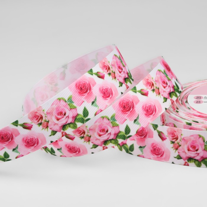 Лента репсовая «Розы», 25 мм, 18 ± 1 м, цвет белый/розовый - фото 53654