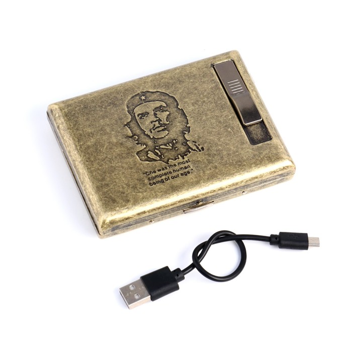 Портсигар+электронная зажигалка &quot;Чегевара&quot;, от USB, золотой, 14*13,5 см