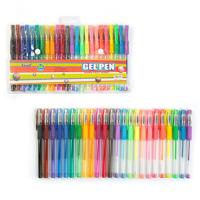 Набор гелевых ручек 24 цвета флуоресцентные, пастель, металлик с резиновыми держателями
