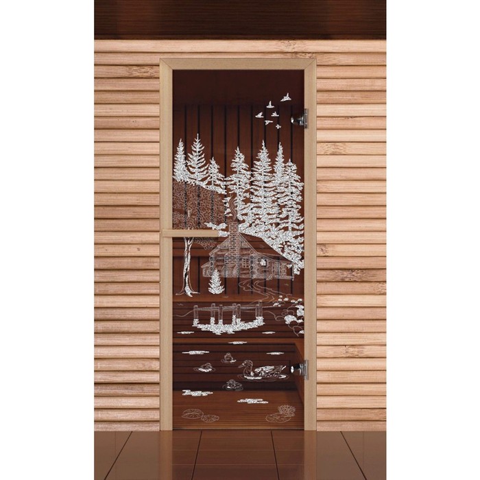Дверь для бани и сауны &quot;Банька в лесу&quot;, бронза, 6мм, УФ-печать, 190х70см, Добропаровъ
