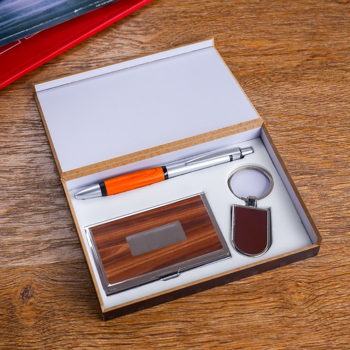 Подарочный набор, 3 предмета в коробке: ручка, брелок, визитница
