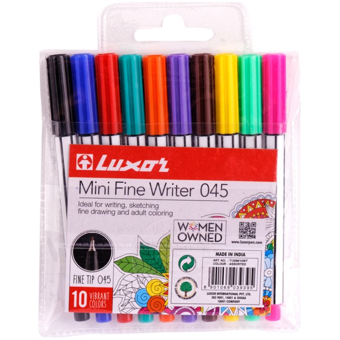 Набор капиллярных ручек, 10 цветов, Luxor Mini Fine Writer 045, узел 0.8 мм, европодвес