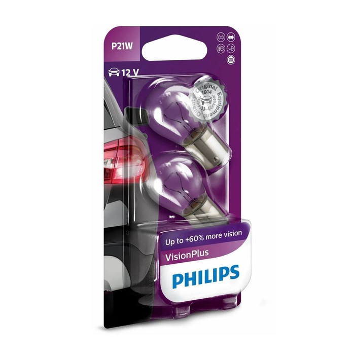 Автолампа PHILIPS Vision Plus +50%, P21W (BA15s), 12 В, 12498 VP B2, 2шт.,