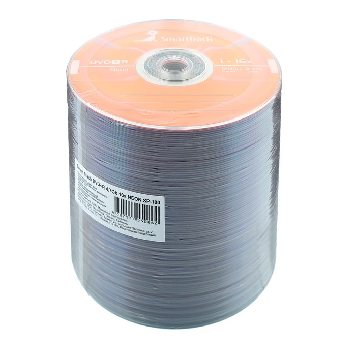 Диск DVD+R SmartTrack Neon, 16x, 4,7 Гб, Спайка, 100 шт