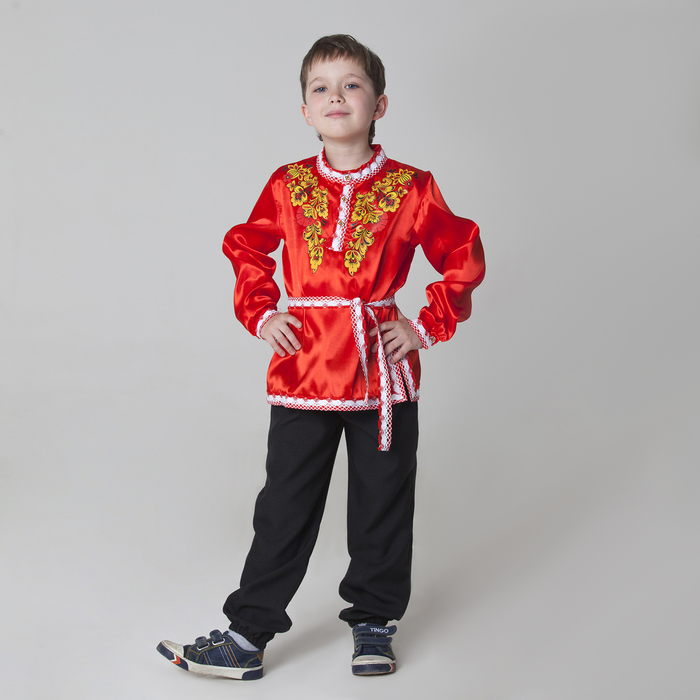 Карнавальная русская рубаха "Хохлома: цветы", атлас, цвет красный, р-р 28, рост 98-104 см